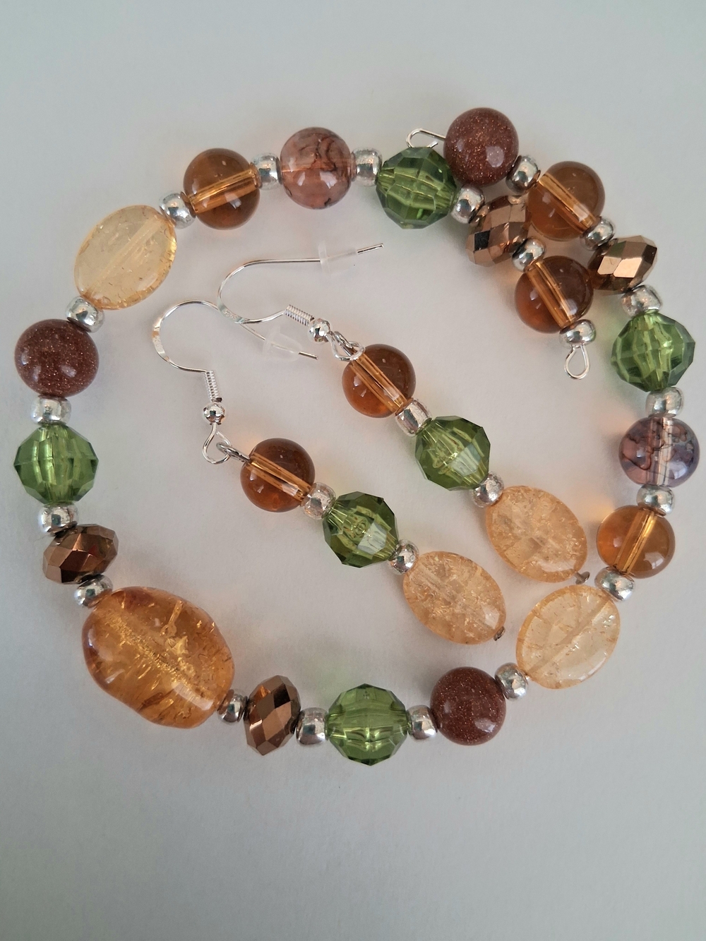 Handmade Autumn Colors Green, Amber & Brown Beaded Bracelet & Earrings Set